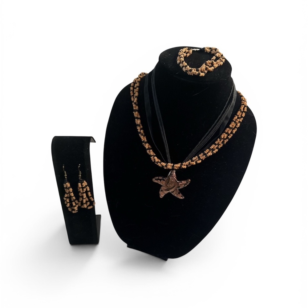 Handcrafted Brown Glass Starfish Necklace Set, earrings , bracelet, 2 necklaces
